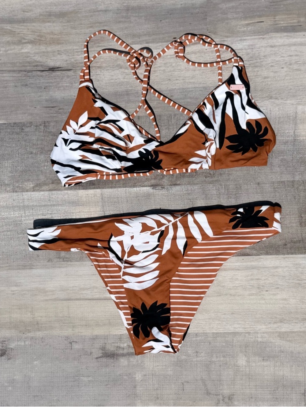 Women’s Brown Tropical Print Strappy Bikini Set